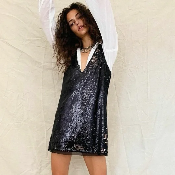 Free People Double Take Sequin Slip Mini Dress Black Rose Combo - Size XS - Picture 3 of 10